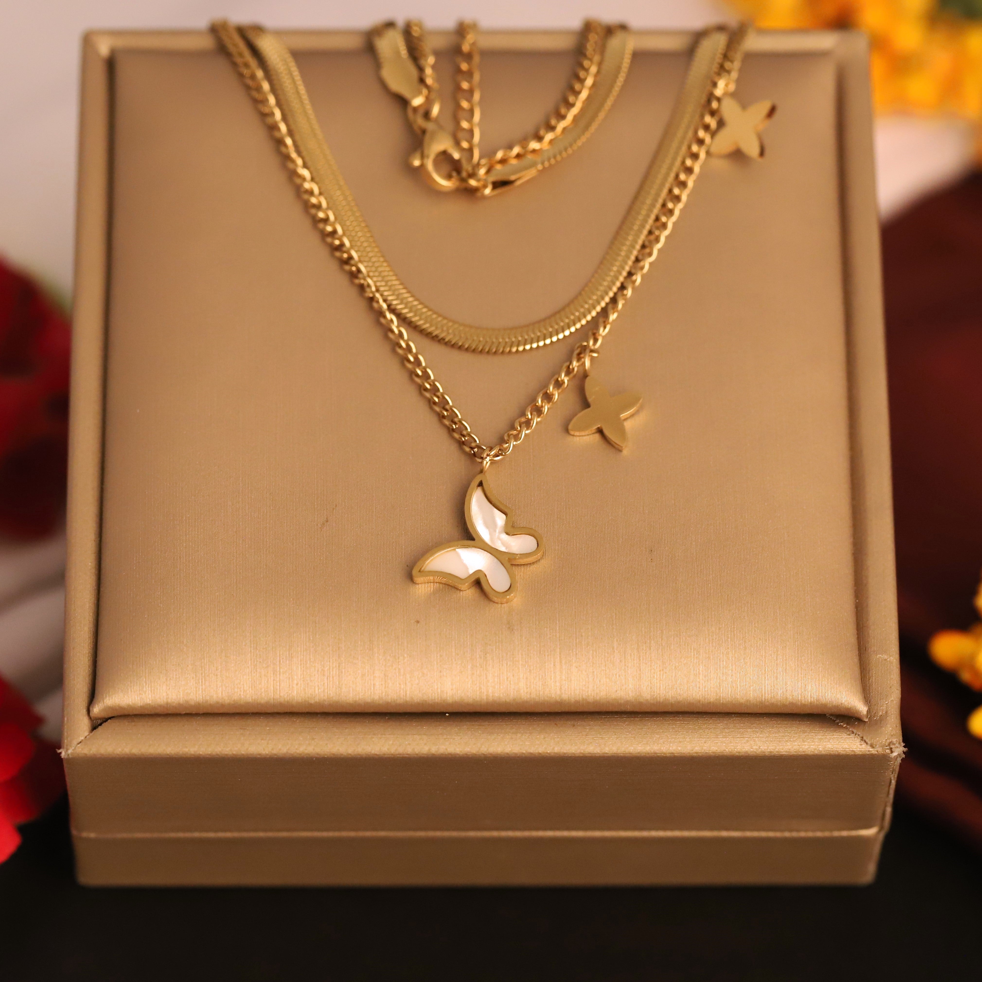 Butterfly Charm Snake Chain Gold Plated – Double Layer, Anti-Tarnish, Waterproof, Minimalist Style (GOLD)