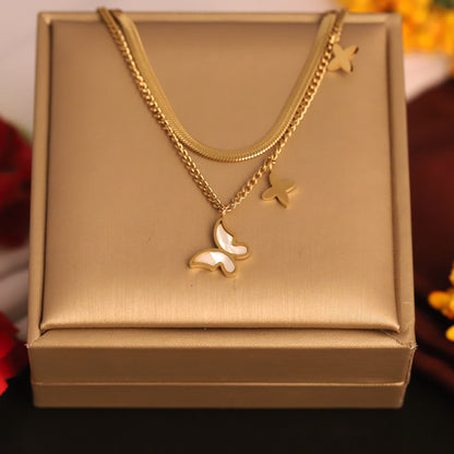 Butterfly Charm Snake Chain Gold Plated – Double Layer, Anti-Tarnish, Waterproof, Minimalist Style (GOLD)