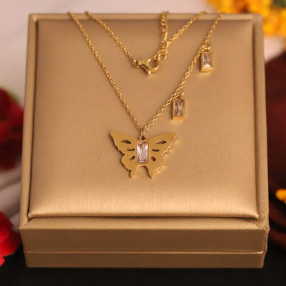 Butterfly Charm white Stones Chain Gold Plated – Single Layer, Anti-Tarnish, Waterproof, Minimalist Style (GOLD)