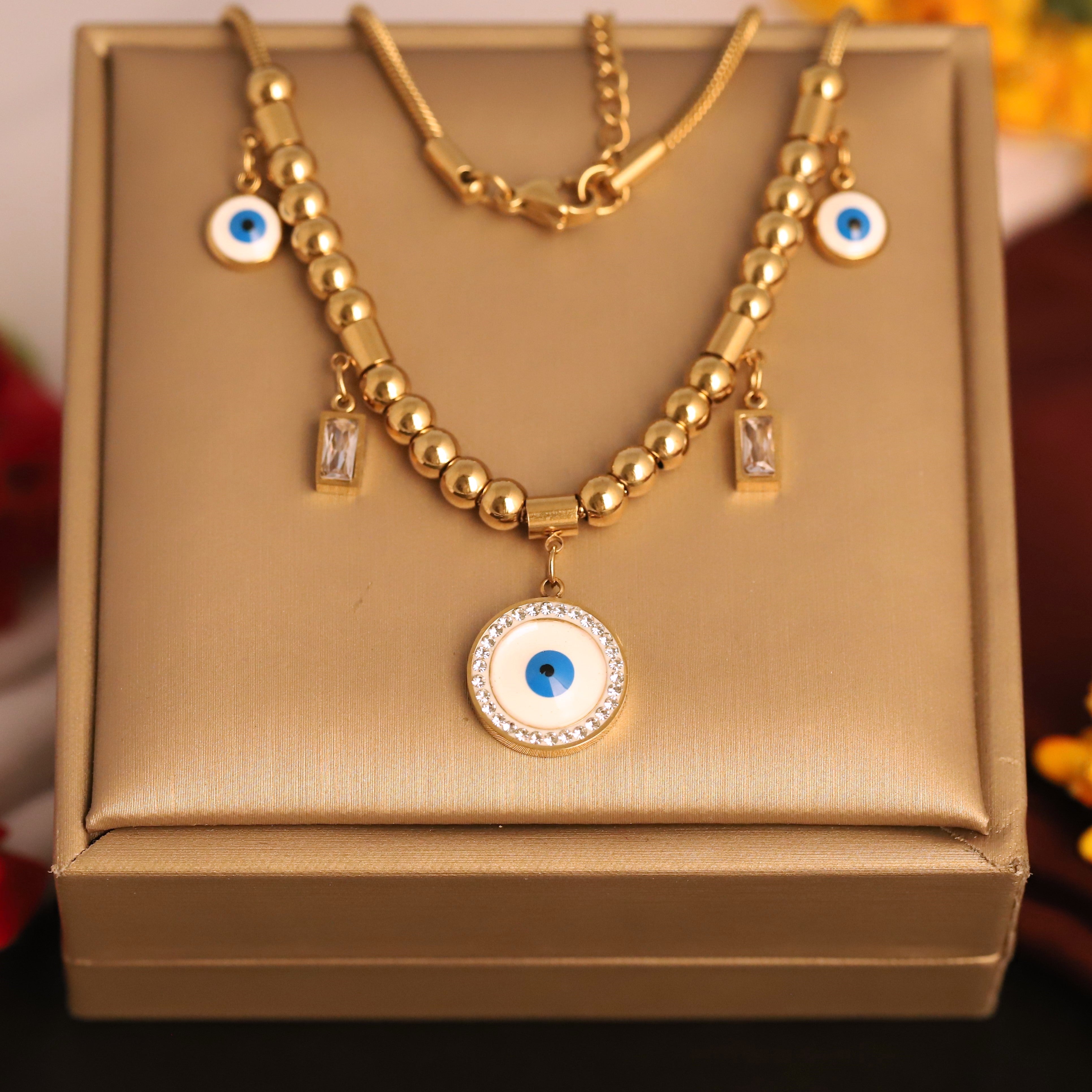 Evil Eye Charm Multi Color Chain Gold Plated – Single Layer, Anti-Tarnish, Waterproof, Minimalist Style (GOLD)