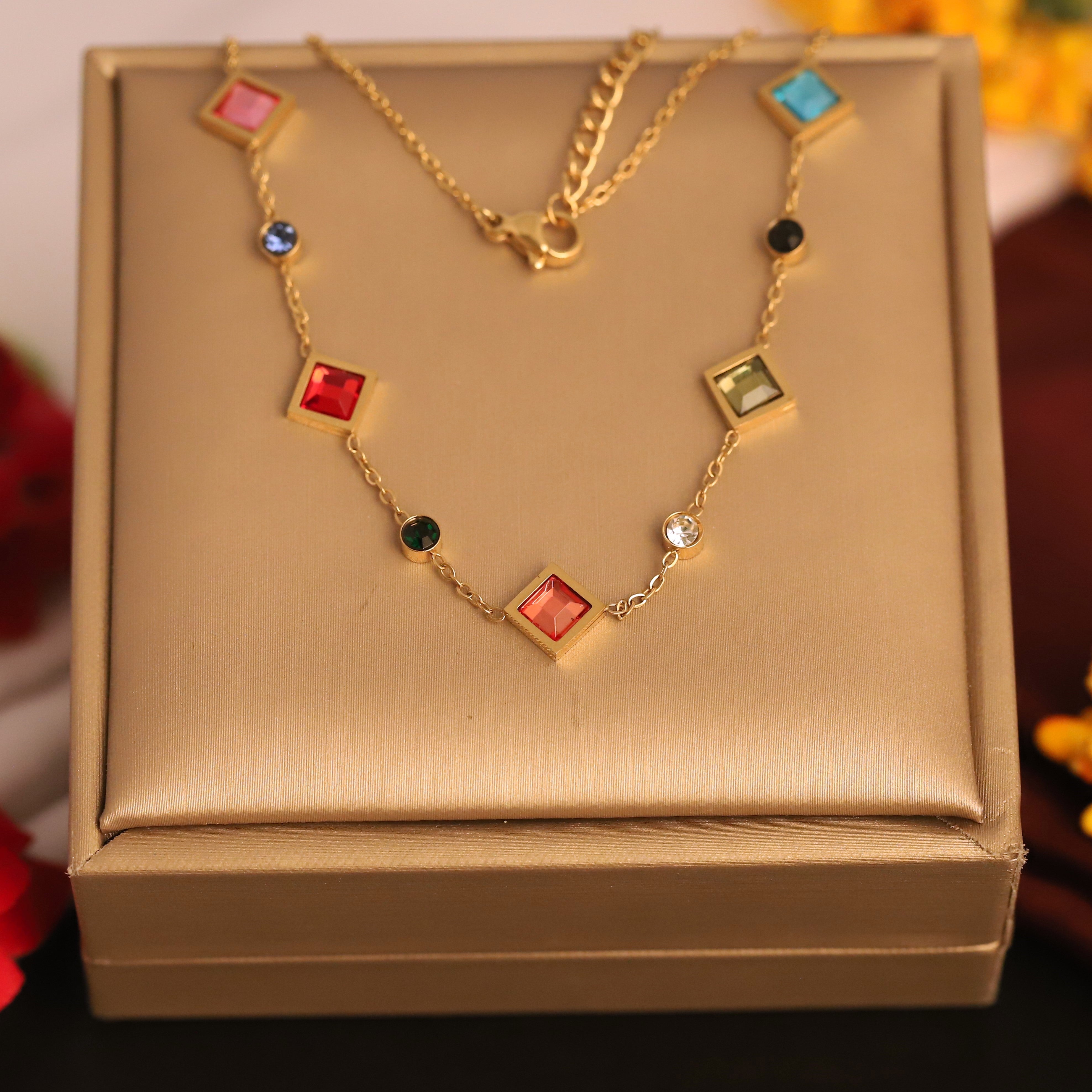 Zircon Multi Color Stones Chain Gold Plated – Single Layer, Anti-Tarnish, Waterproof, Minimalist Style (GOLD)