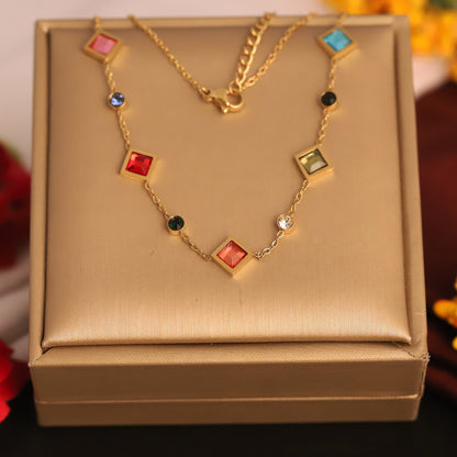 Zircon Multi Color Stones Chain Gold Plated – Single Layer, Anti-Tarnish, Waterproof, Minimalist Style (GOLD)