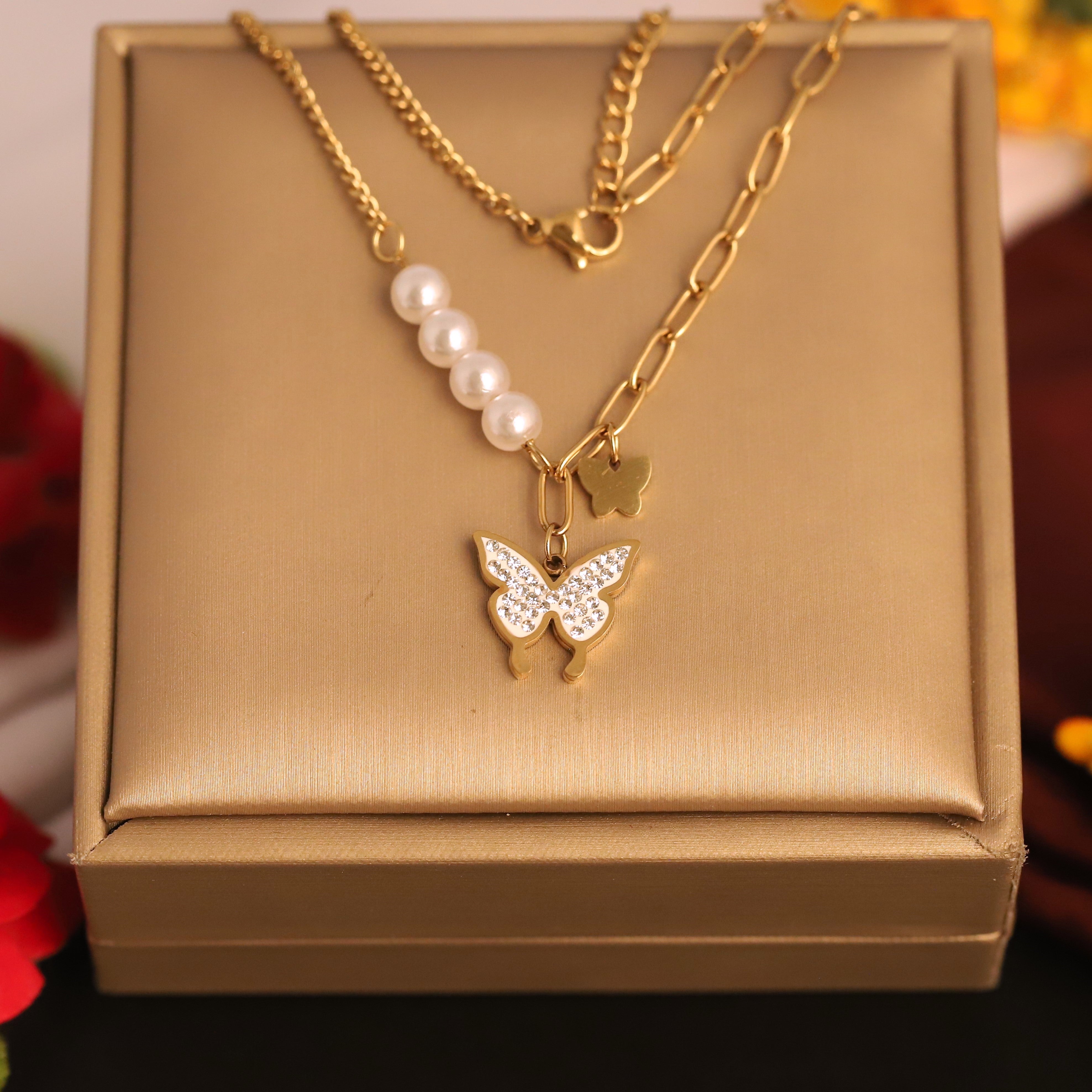 Butterfly Charm Pearl Chain Gold Plated – Single Layer, Anti-Tarnish, Waterproof, Minimalist Style (GOLD)