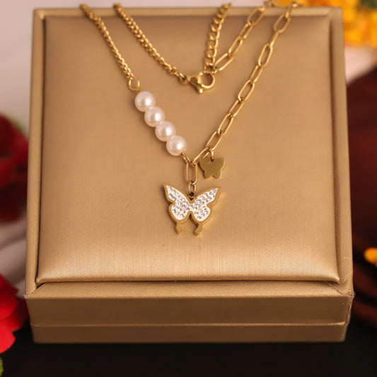 Butterfly Charm Pearl Chain Gold Plated – Single Layer, Anti-Tarnish, Waterproof, Minimalist Style (GOLD)