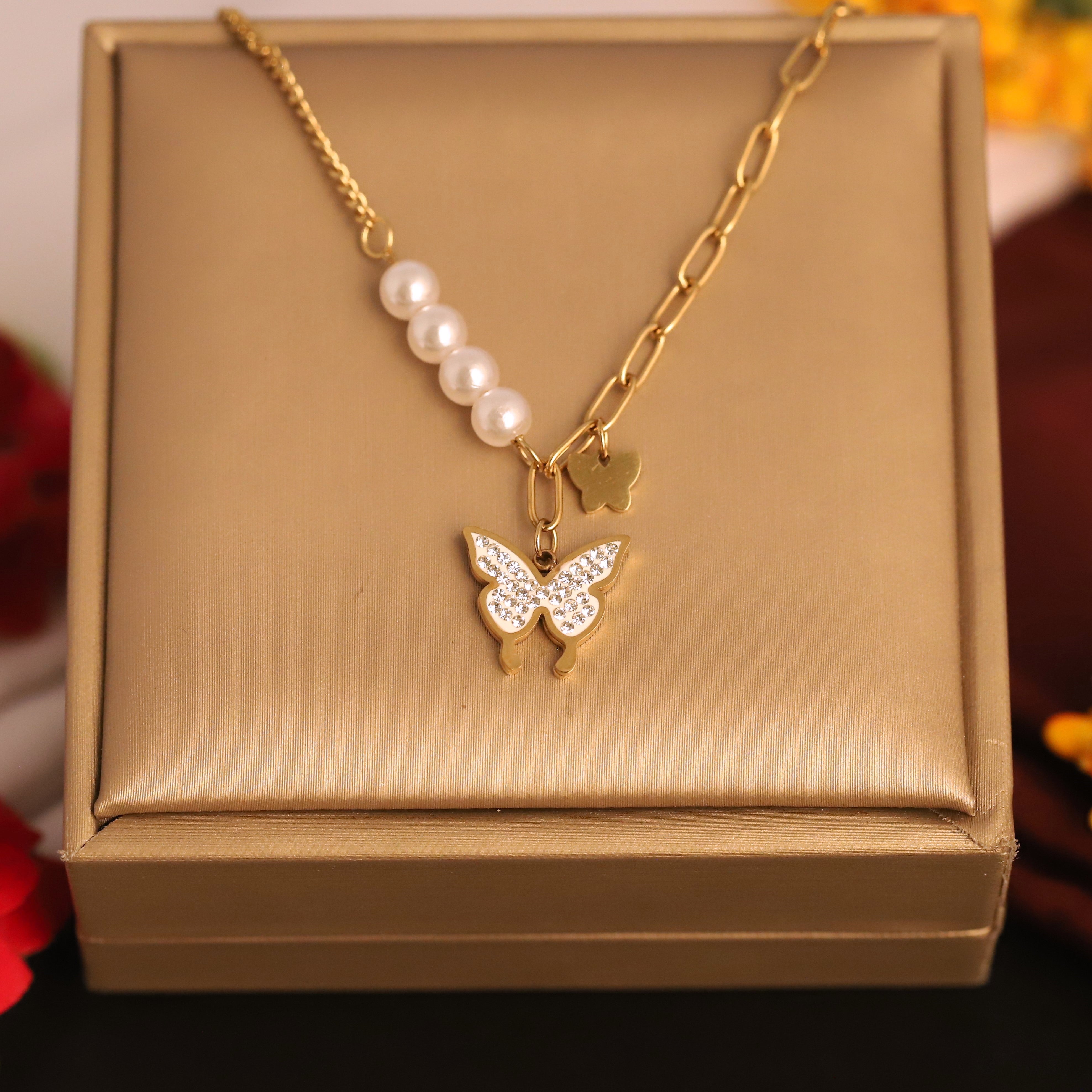 Butterfly Charm Pearl Chain Gold Plated – Single Layer, Anti-Tarnish, Waterproof, Minimalist Style (GOLD)