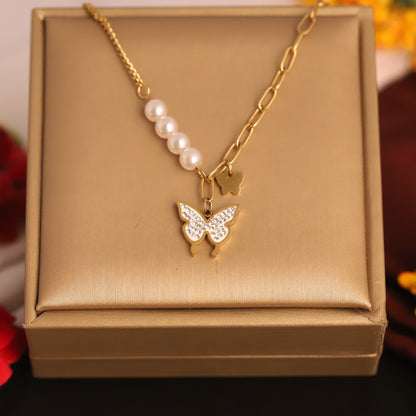 Butterfly Charm Pearl Chain Gold Plated – Single Layer, Anti-Tarnish, Waterproof, Minimalist Style (GOLD)