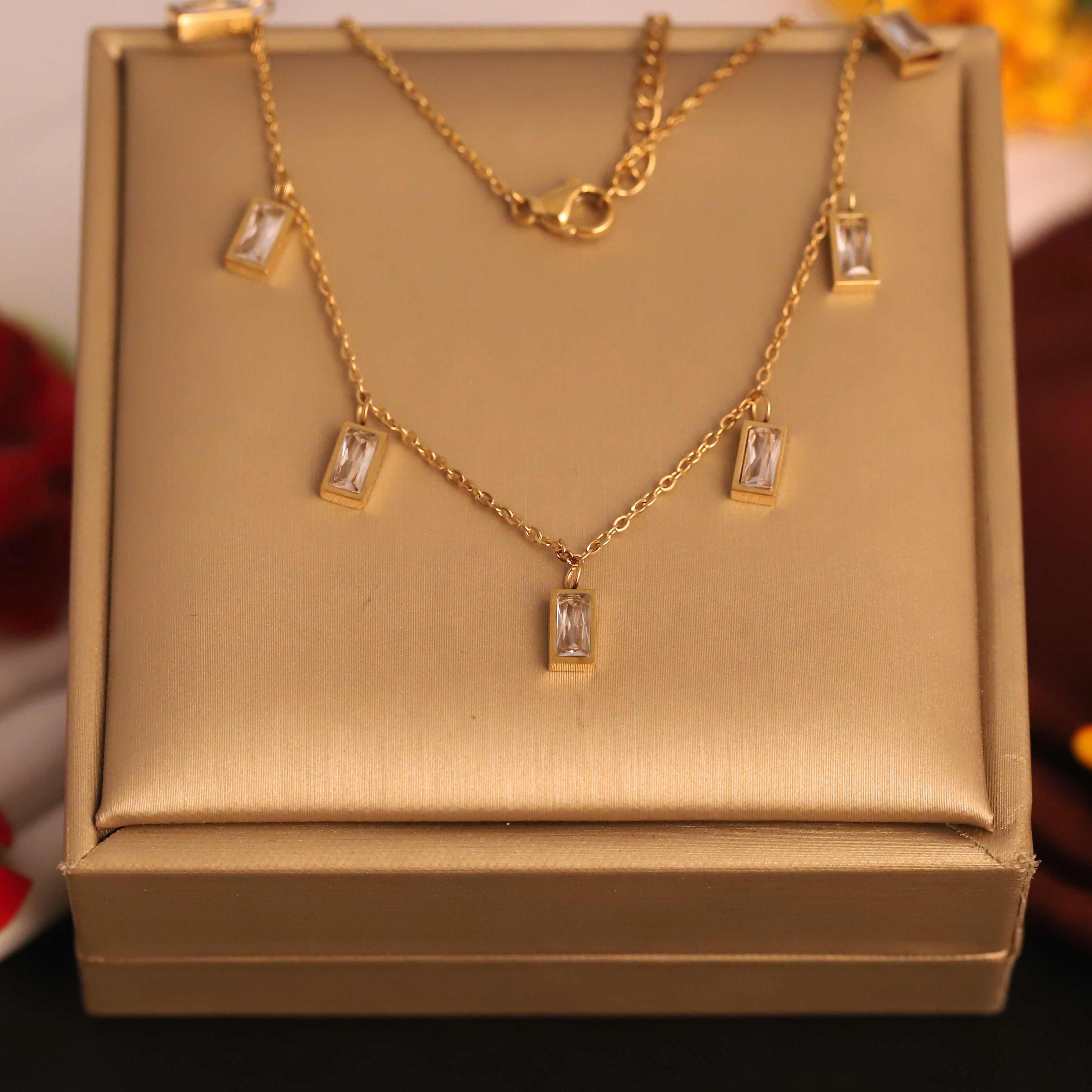 Block White Stone Charms Chain Gold Plated – Single Layer, Anti-Tarnish, Waterproof, Minimalist Style (GOLD)