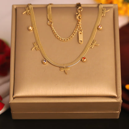 Dragonfly Charms White Stones Chain Gold Plated – Single Layer, Anti-Tarnish, Waterproof, Minimalist Style (GOLD)