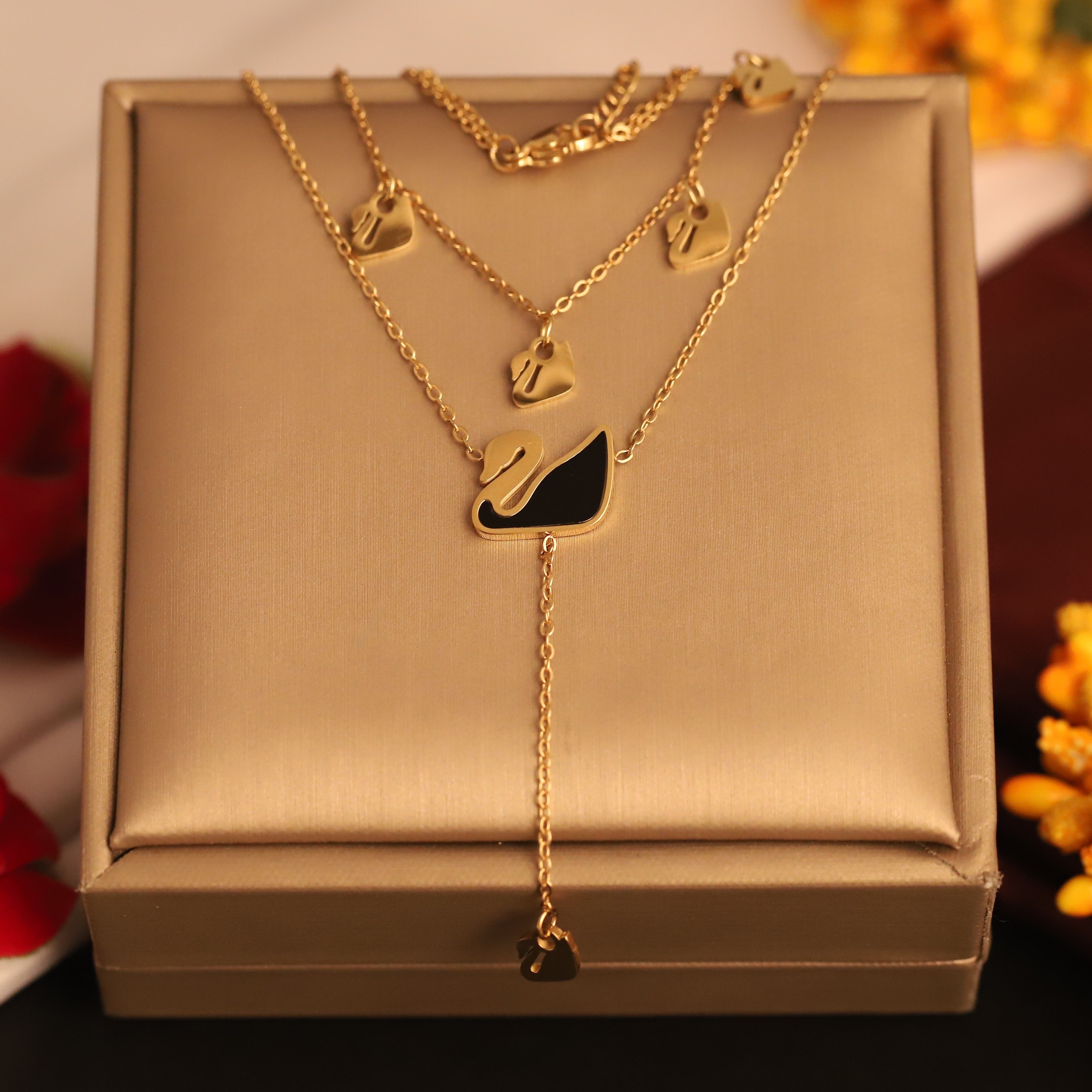 Swan Charms Chain Gold Plated – Double Layer, Anti-Tarnish, Waterproof, Minimalist Style (GOLD)
