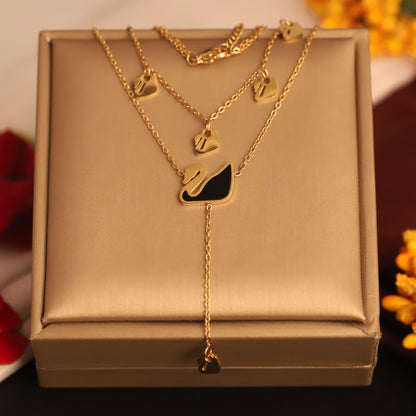 Swan Charms Chain Gold Plated – Double Layer, Anti-Tarnish, Waterproof, Minimalist Style (GOLD)