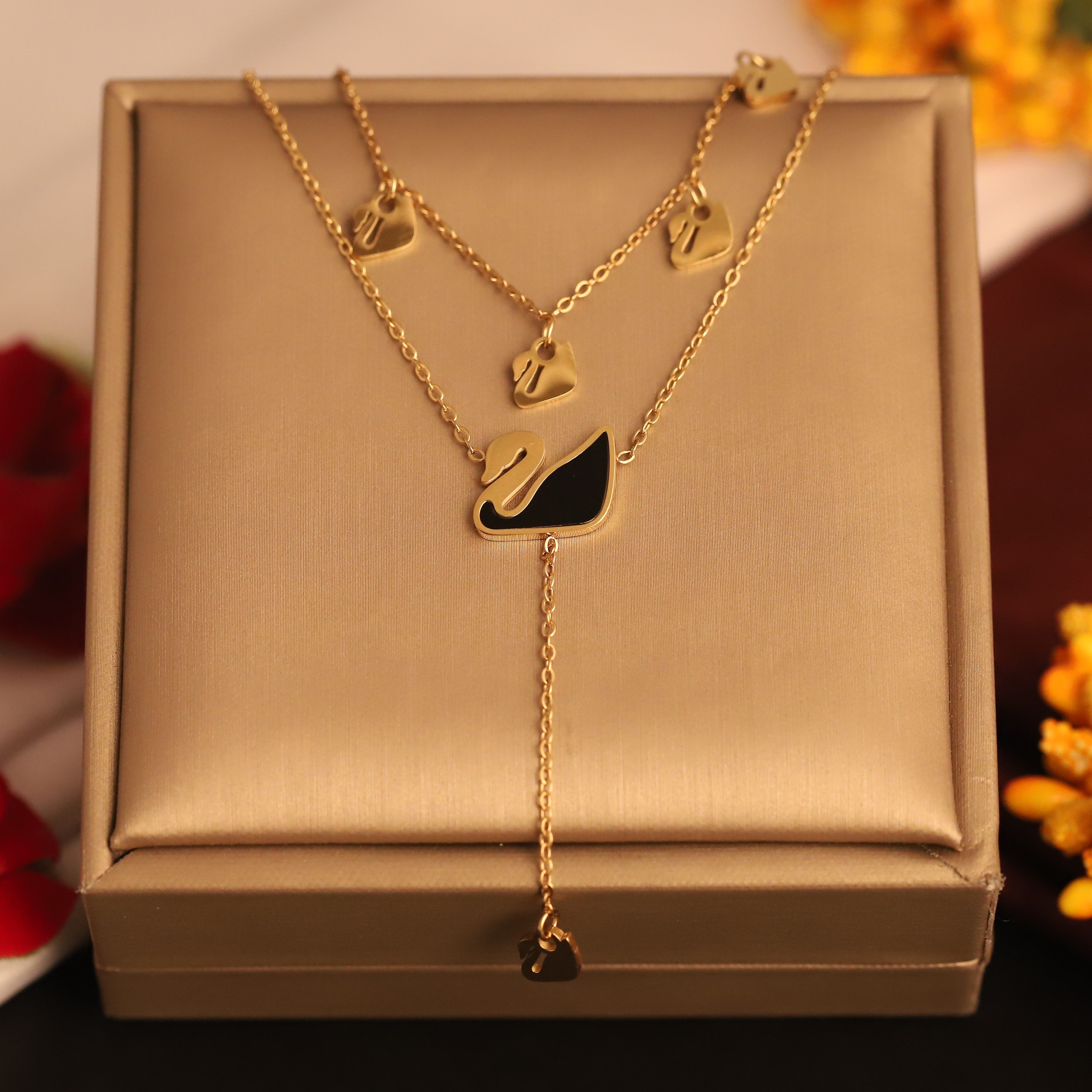 Swan Charms Chain Gold Plated – Double Layer, Anti-Tarnish, Waterproof, Minimalist Style (GOLD)