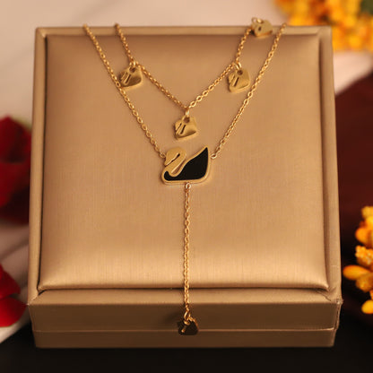 Swan Charms Chain Gold Plated – Double Layer, Anti-Tarnish, Waterproof, Minimalist Style (GOLD)