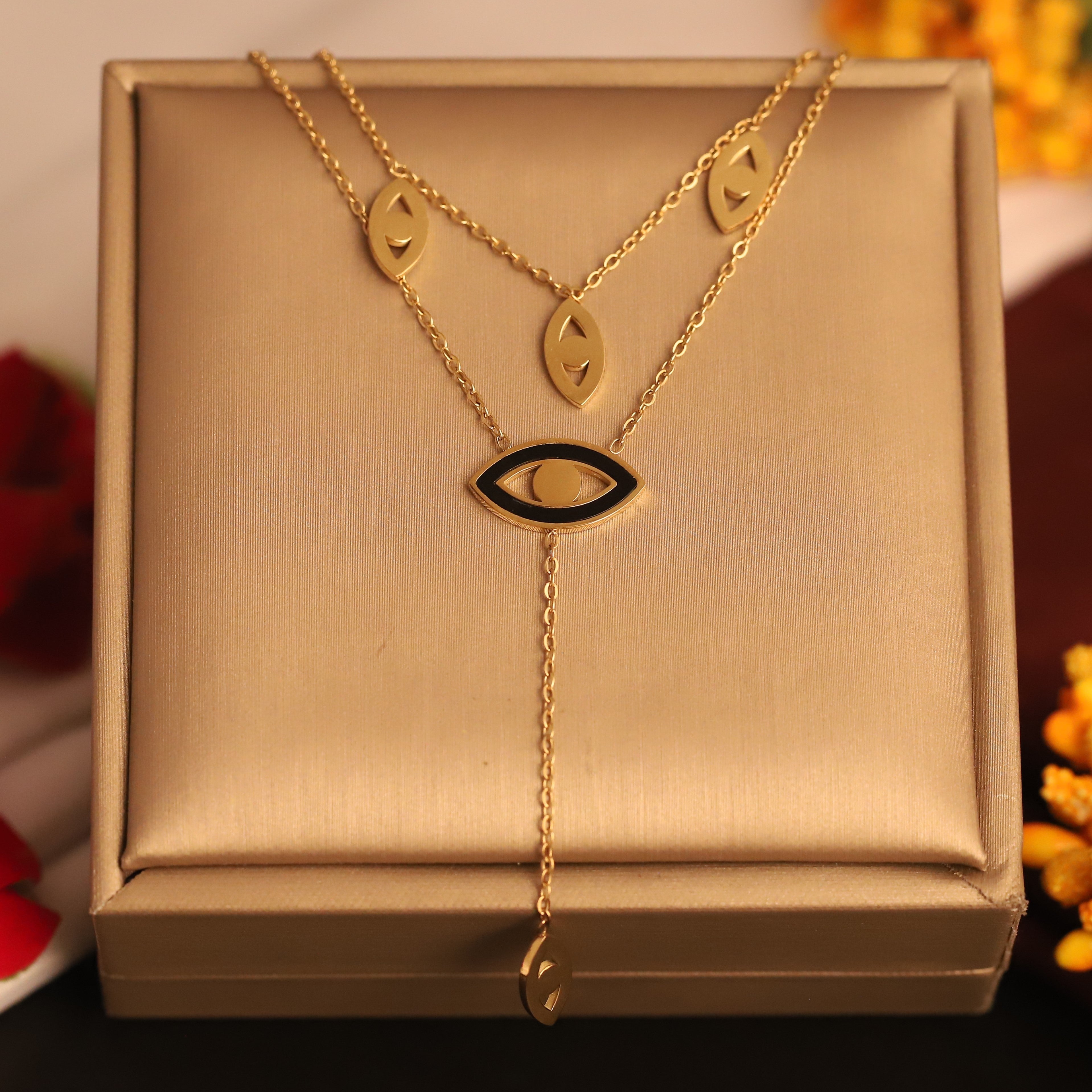 Evil Eye White Stone Chain Gold Plated – Double Layer, Anti-Tarnish, Waterproof, Minimalist Style (GOLD)