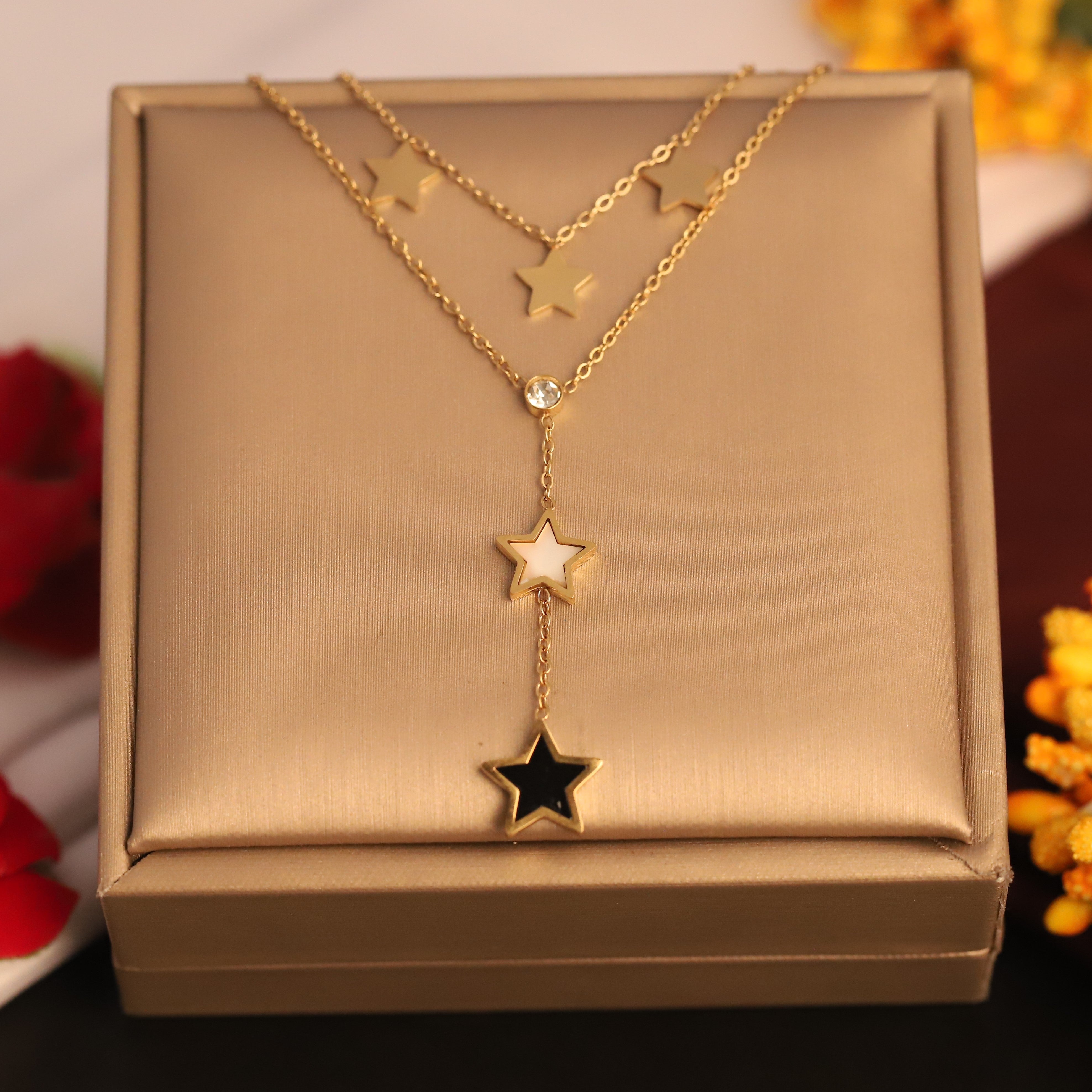 Star Charms Chain Gold Plated – Double Layer, Anti-Tarnish, Waterproof, Minimalist Style (GOLD)