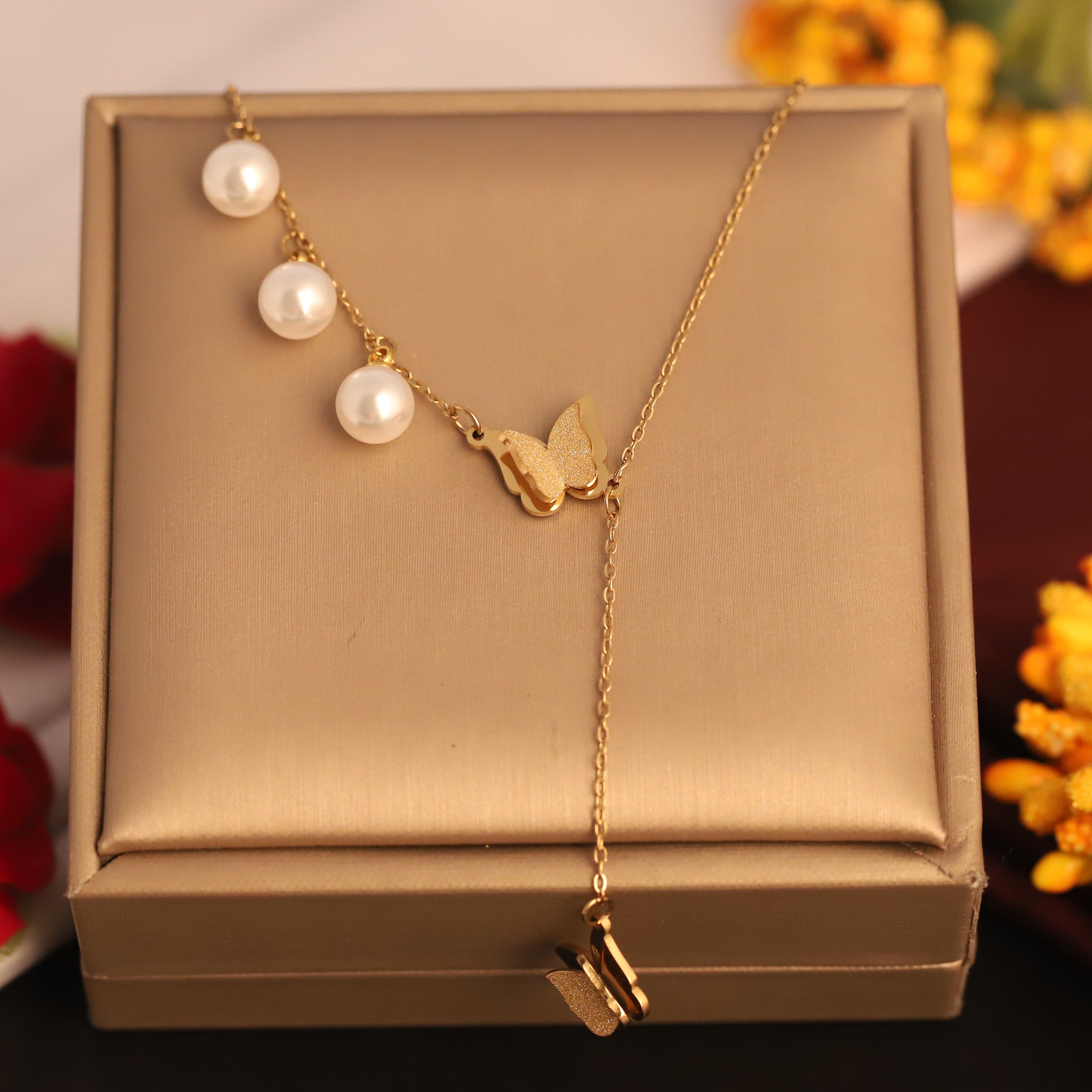 Butterfly Pearl Chain Gold Plated – Single Layer, Anti-Tarnish, Waterproof, Minimalist Style (GOLD)