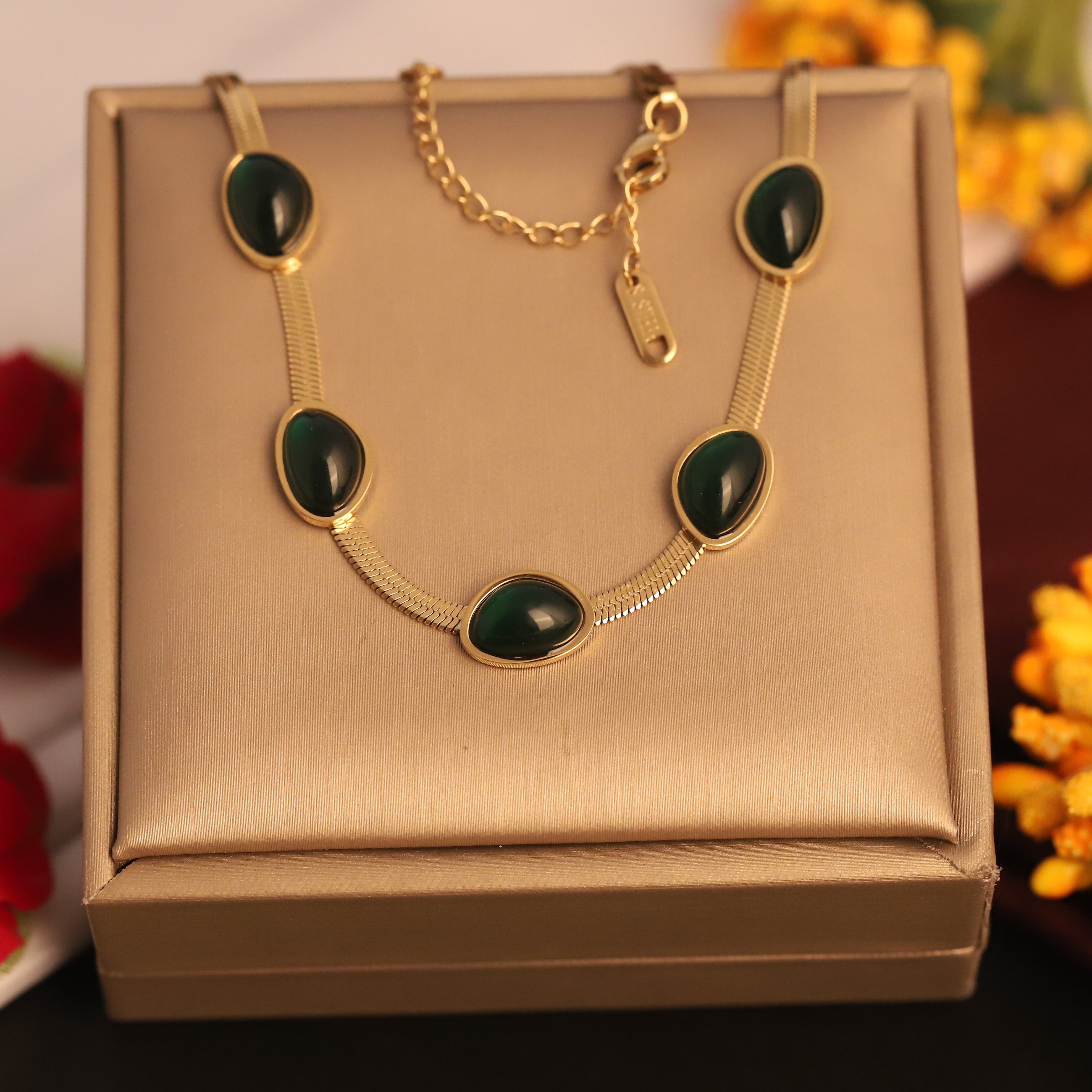 Green Stones Chain Gold Plated – Single Layer, Anti-Tarnish, Waterproof, Minimalist Style (GOLD)