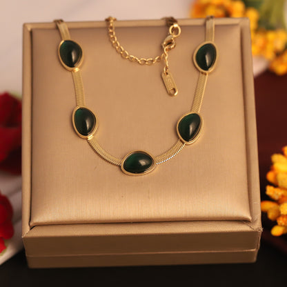 Green Stones Chain Gold Plated – Single Layer, Anti-Tarnish, Waterproof, Minimalist Style (GOLD)