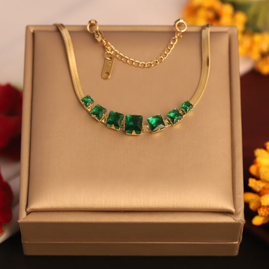 Green Stone Charm Gold Plated – Single Layer, Anti-Tarnish, Waterproof, Minimalist Style (GOLD)