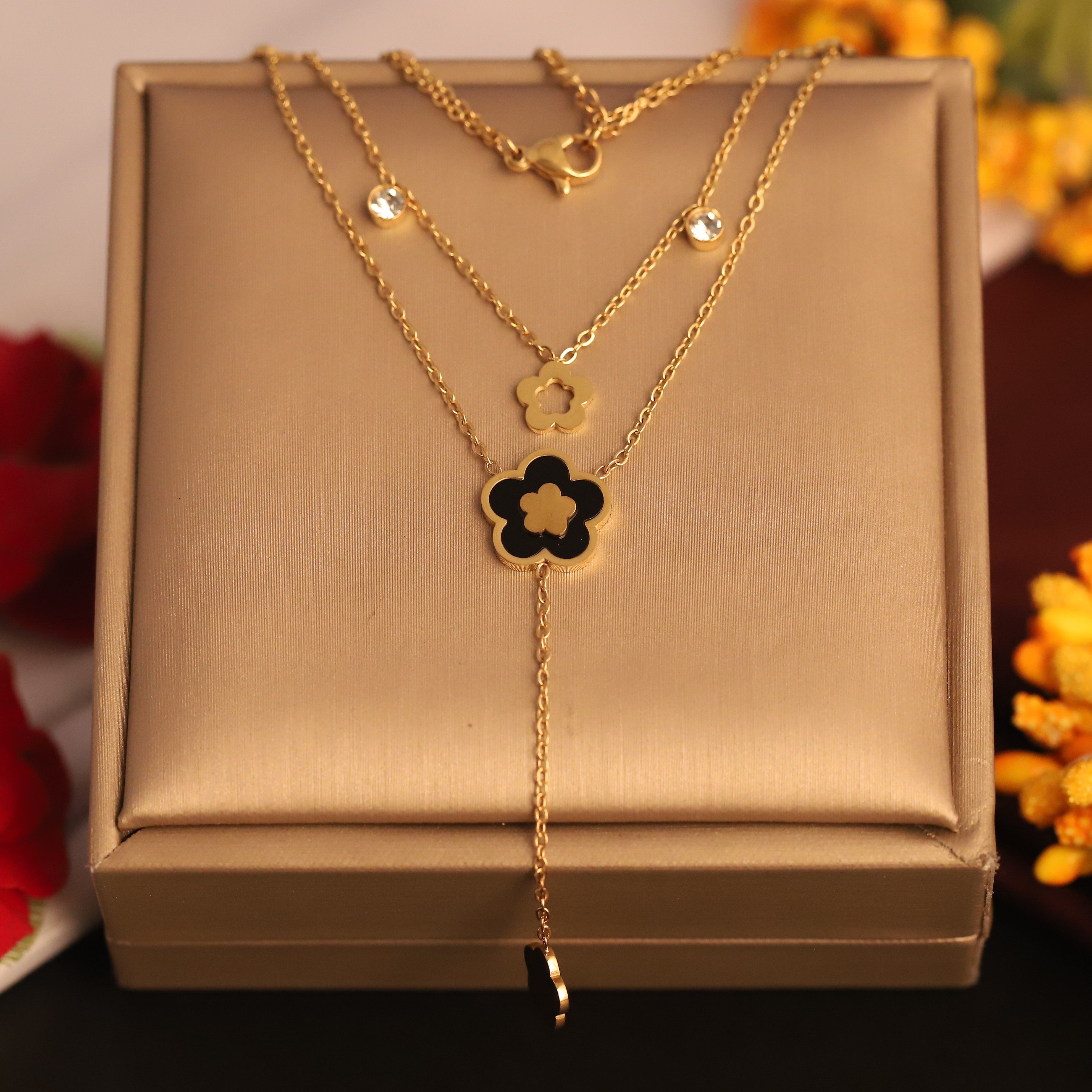 Flower Charms Chain Gold Plated – Double Layer, Anti-Tarnish, Waterproof, Minimalist Style (GOLD)