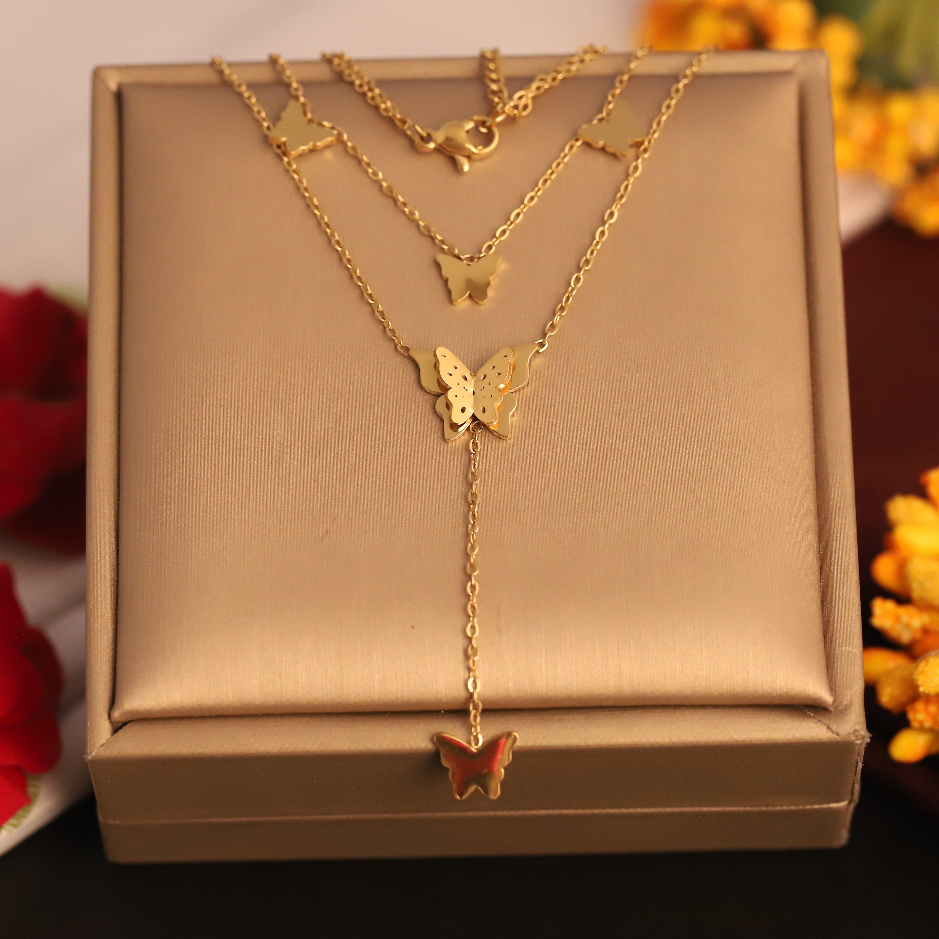 Butterfly Charms Chain Gold Plated – Double Layer, Anti-Tarnish, Waterproof, Minimalist Style (GOLD)
