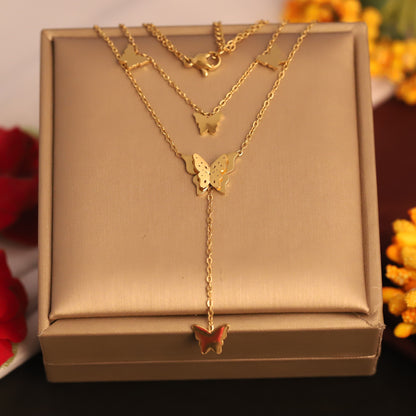 Butterfly Charms Chain Gold Plated – Double Layer, Anti-Tarnish, Waterproof, Minimalist Style (GOLD)