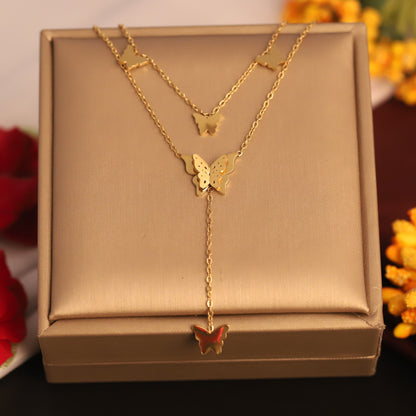 Butterfly Charms Chain Gold Plated – Double Layer, Anti-Tarnish, Waterproof, Minimalist Style (GOLD)