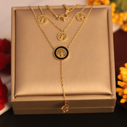 Life Tree Charms Chain Gold Plated – Double Layer, Anti-Tarnish, Waterproof, Minimalist Style (GOLD)