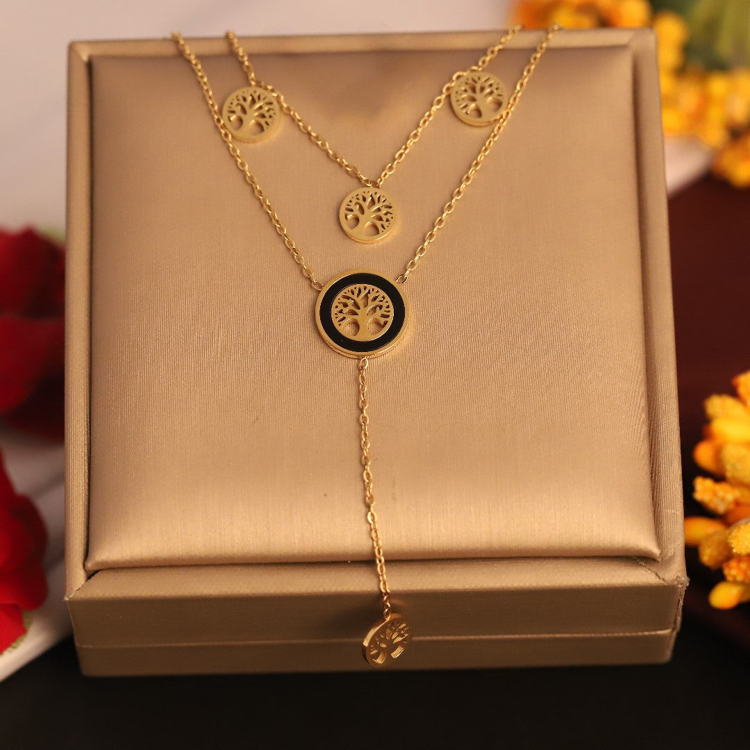 Life Tree Charms Chain Gold Plated – Double Layer, Anti-Tarnish, Waterproof, Minimalist Style (GOLD)