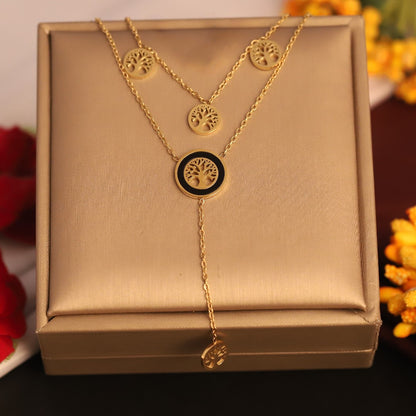 Life Tree Charms Chain Gold Plated – Double Layer, Anti-Tarnish, Waterproof, Minimalist Style (GOLD)