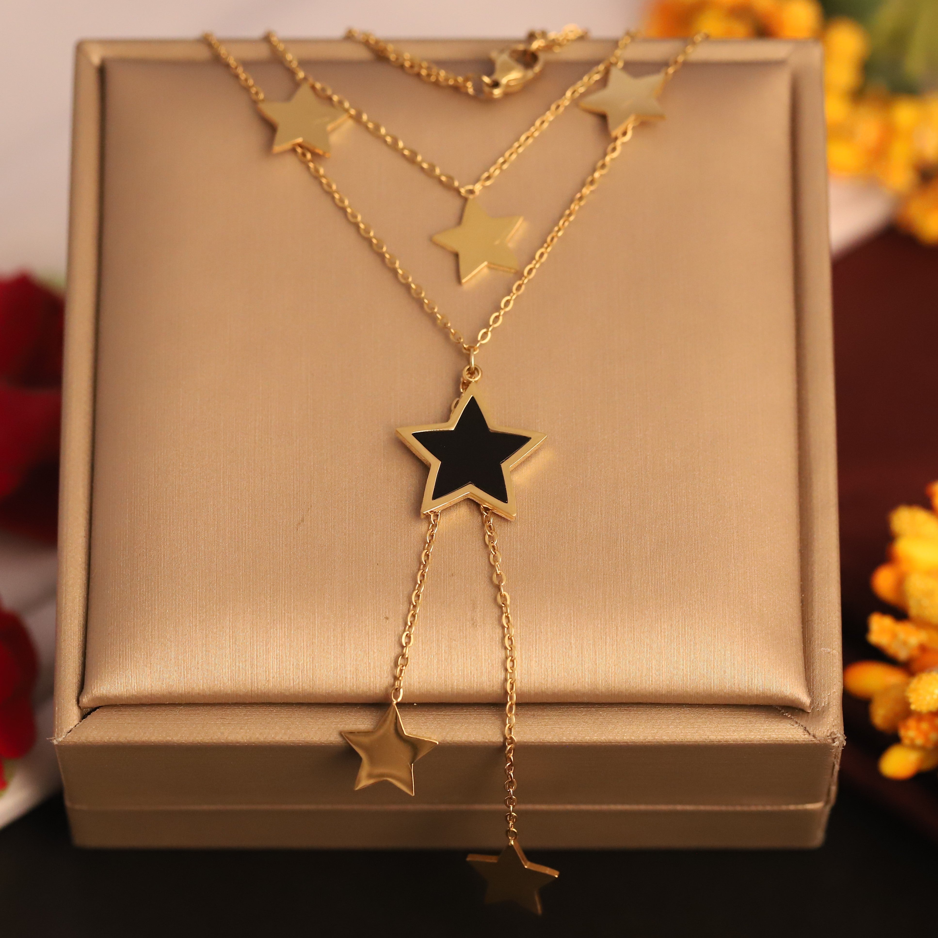 Star Charms Chain Gold Plated – Double Layer, Anti-Tarnish, Waterproof, Minimalist Style (GOLD)