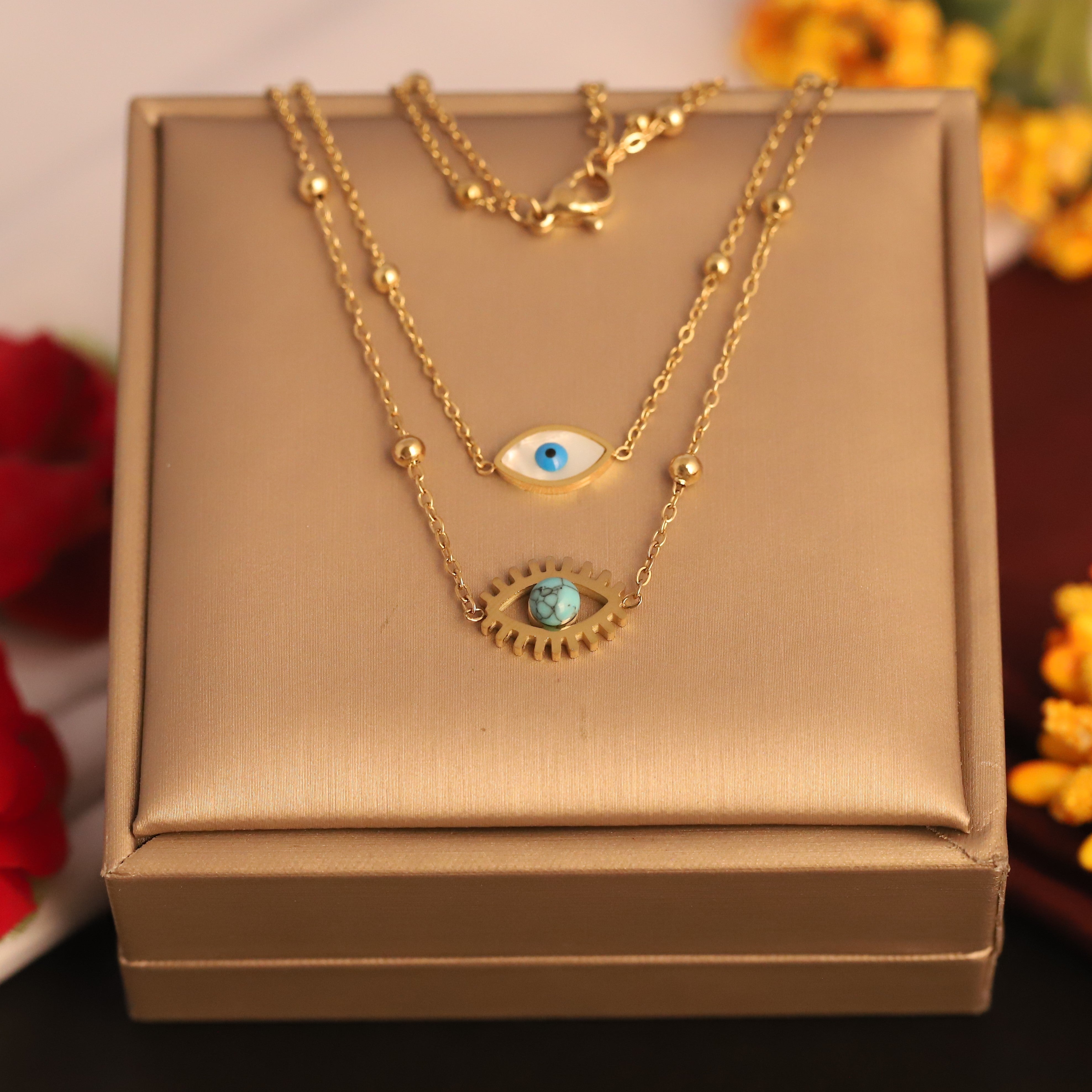 Evil Eye Charm Chain Gold Plated – Double Layer, Anti-Tarnish, Waterproof, Minimalist Style (GOLD)