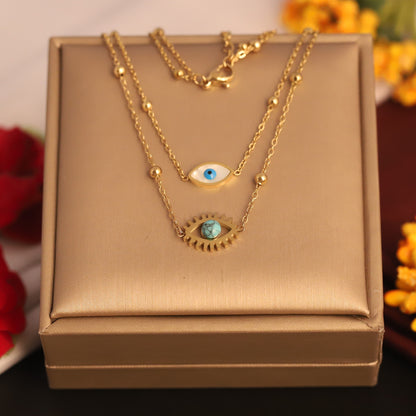 Evil Eye Charm Chain Gold Plated – Double Layer, Anti-Tarnish, Waterproof, Minimalist Style (GOLD)