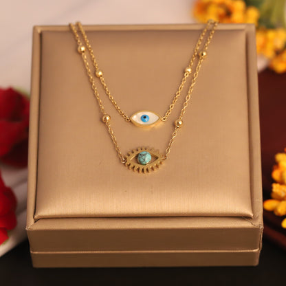 Evil Eye Charm Chain Gold Plated – Double Layer, Anti-Tarnish, Waterproof, Minimalist Style (GOLD)