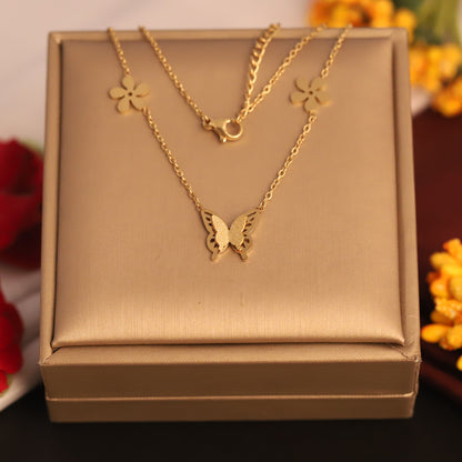 Butterfly Flower Charm Chain Gold Plated – Single Layer, Anti-Tarnish, Waterproof, Minimalist Style (GOLD)