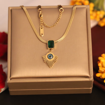 Evil Eye Green Stone Charm Snake Chain Gold Plated – Single Layer, Anti-Tarnish, Waterproof, Minimalist Style (GOLD)