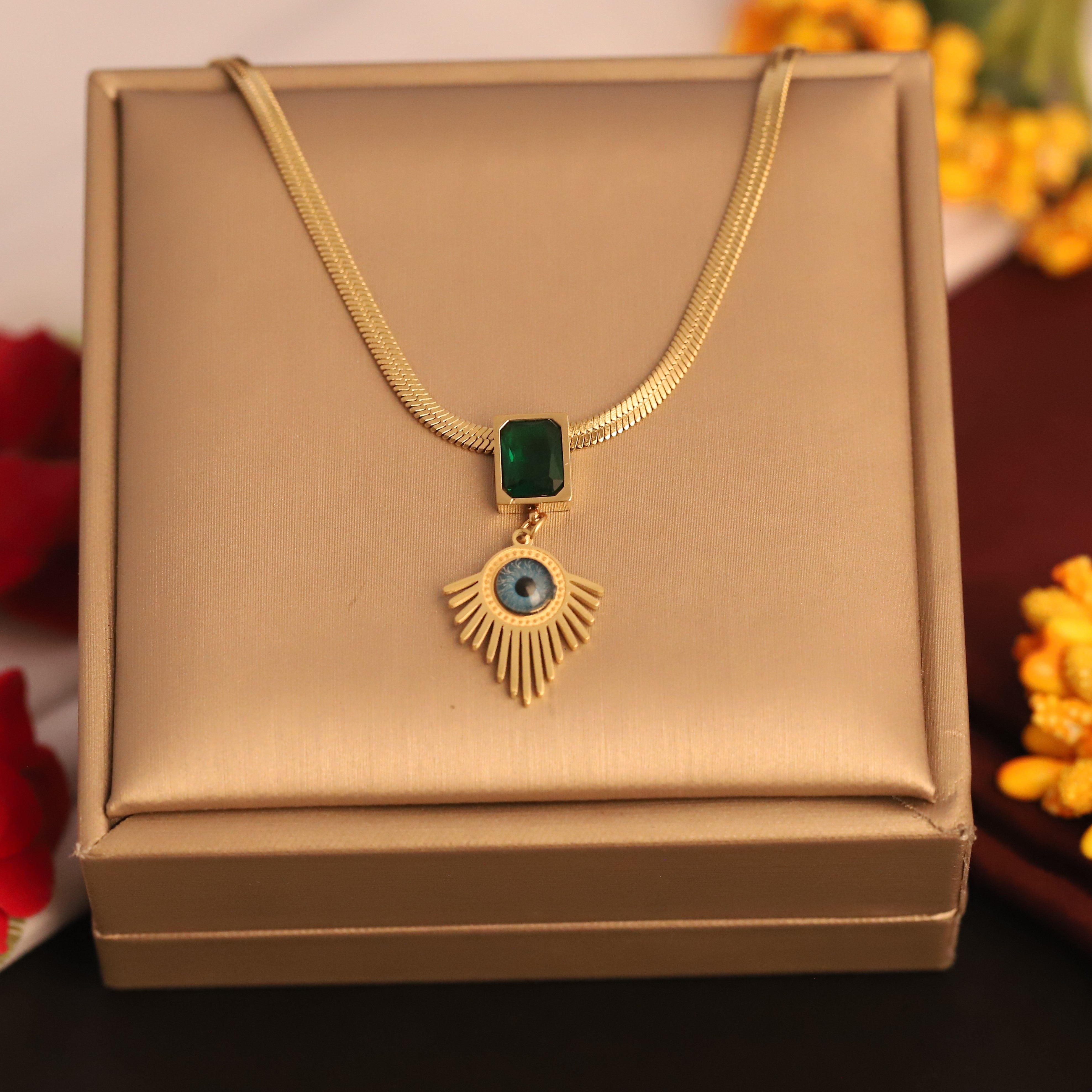 Evil Eye Green Stone Charm Snake Chain Gold Plated – Single Layer, Anti-Tarnish, Waterproof, Minimalist Style (GOLD)