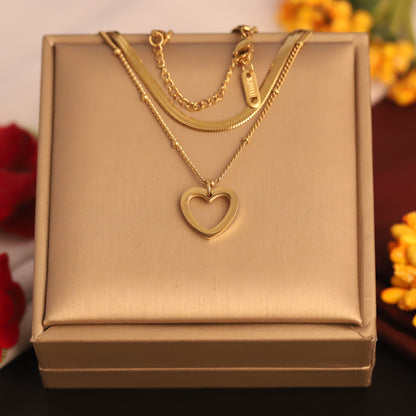 Heart Charms Snake Chain Gold Plated – Double Layer, Anti-Tarnish, Waterproof, Minimalist Style (GOLD)