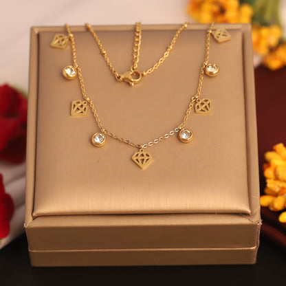 Diamond Design Charms White Stones Chain Gold Plated – Single Layer, Anti-Tarnish, Waterproof, Minimalist Style (GOLD)