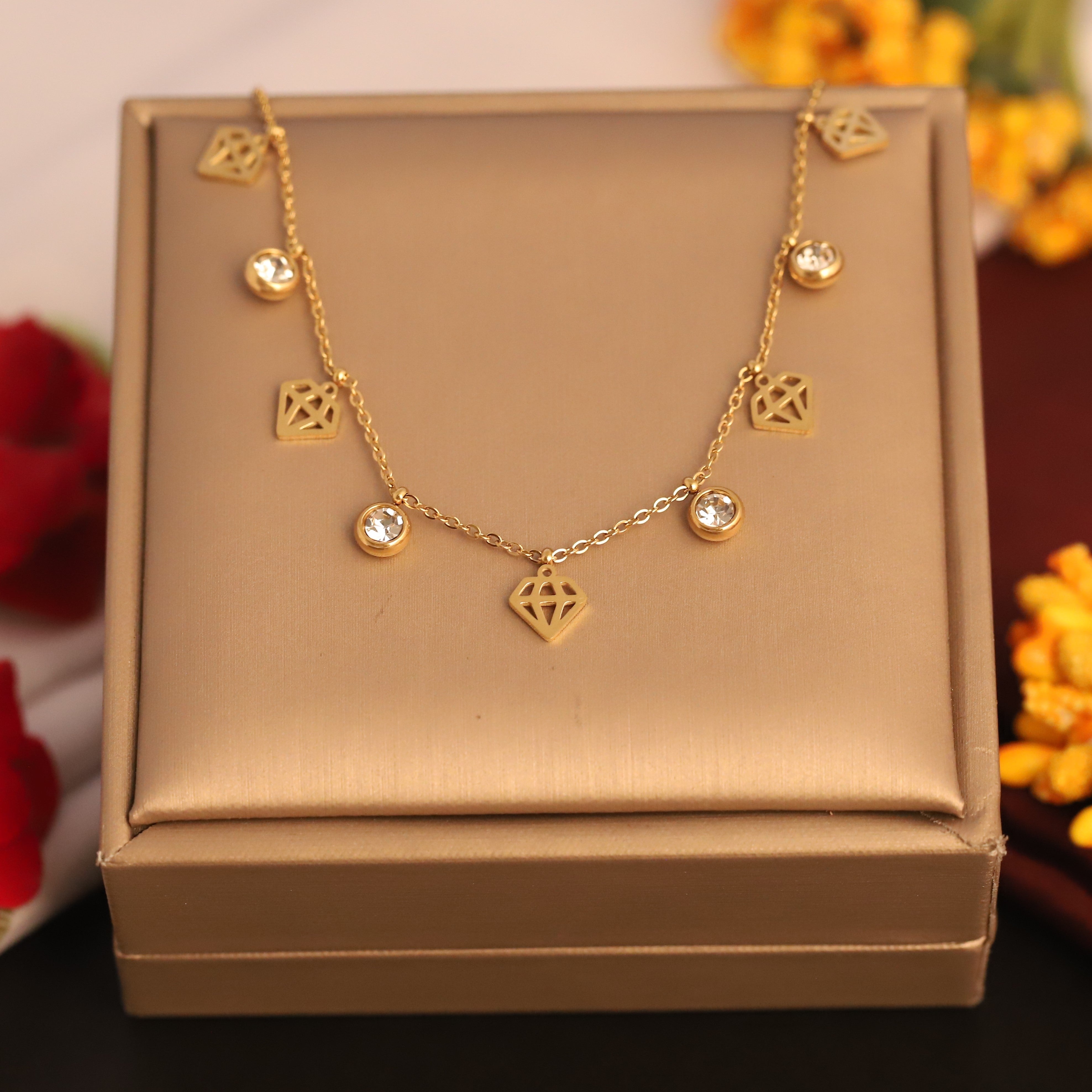 Diamond Design Charms White Stones Chain Gold Plated – Single Layer, Anti-Tarnish, Waterproof, Minimalist Style (GOLD)