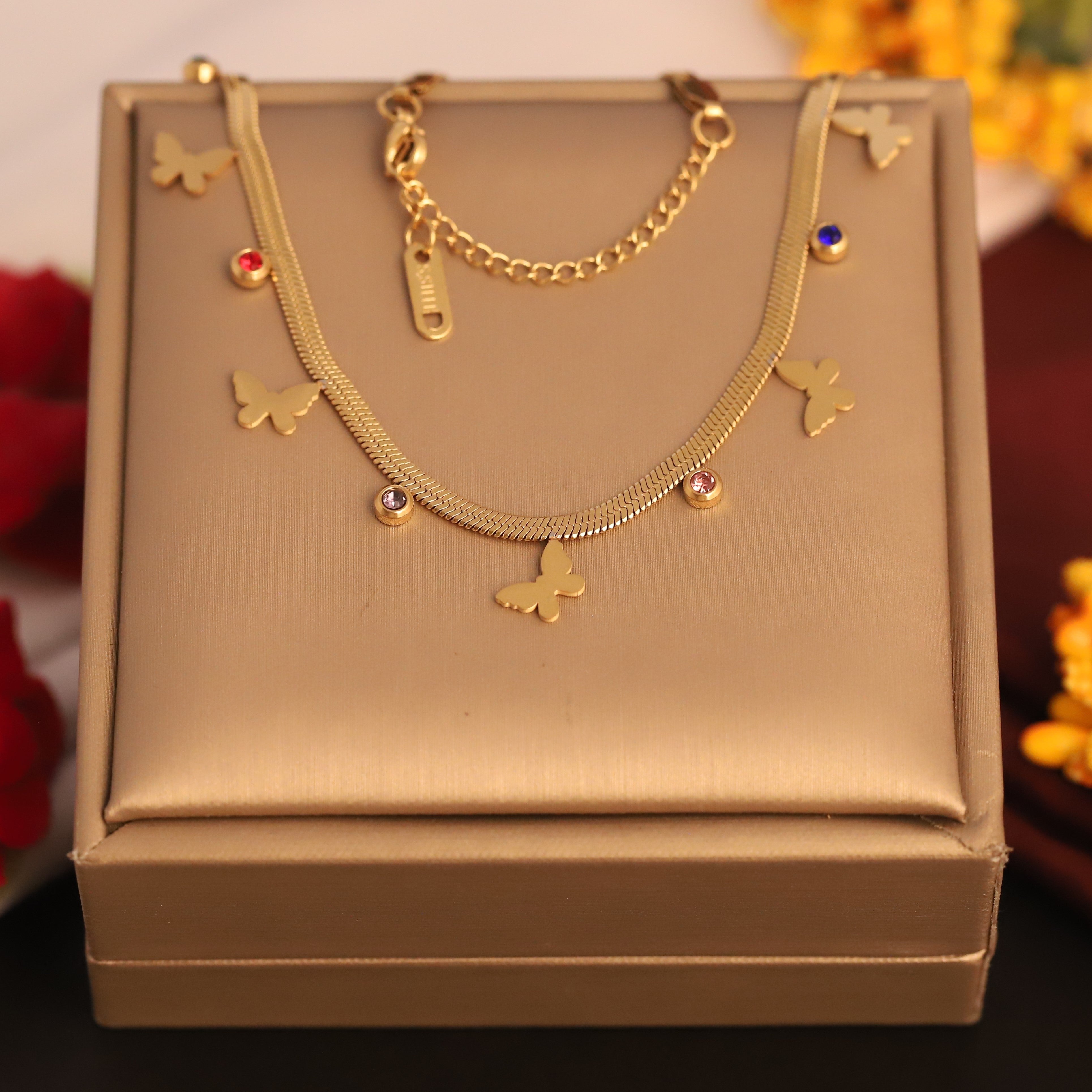 Butterfly Charms White Stones Chain Gold Plated – Single Layer, Anti-Tarnish, Waterproof, Minimalist Style (GOLD)