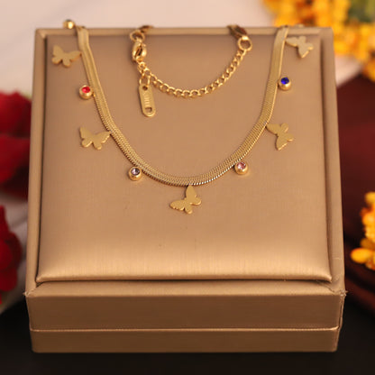 Butterfly Charms White Stones Chain Gold Plated – Single Layer, Anti-Tarnish, Waterproof, Minimalist Style (GOLD)