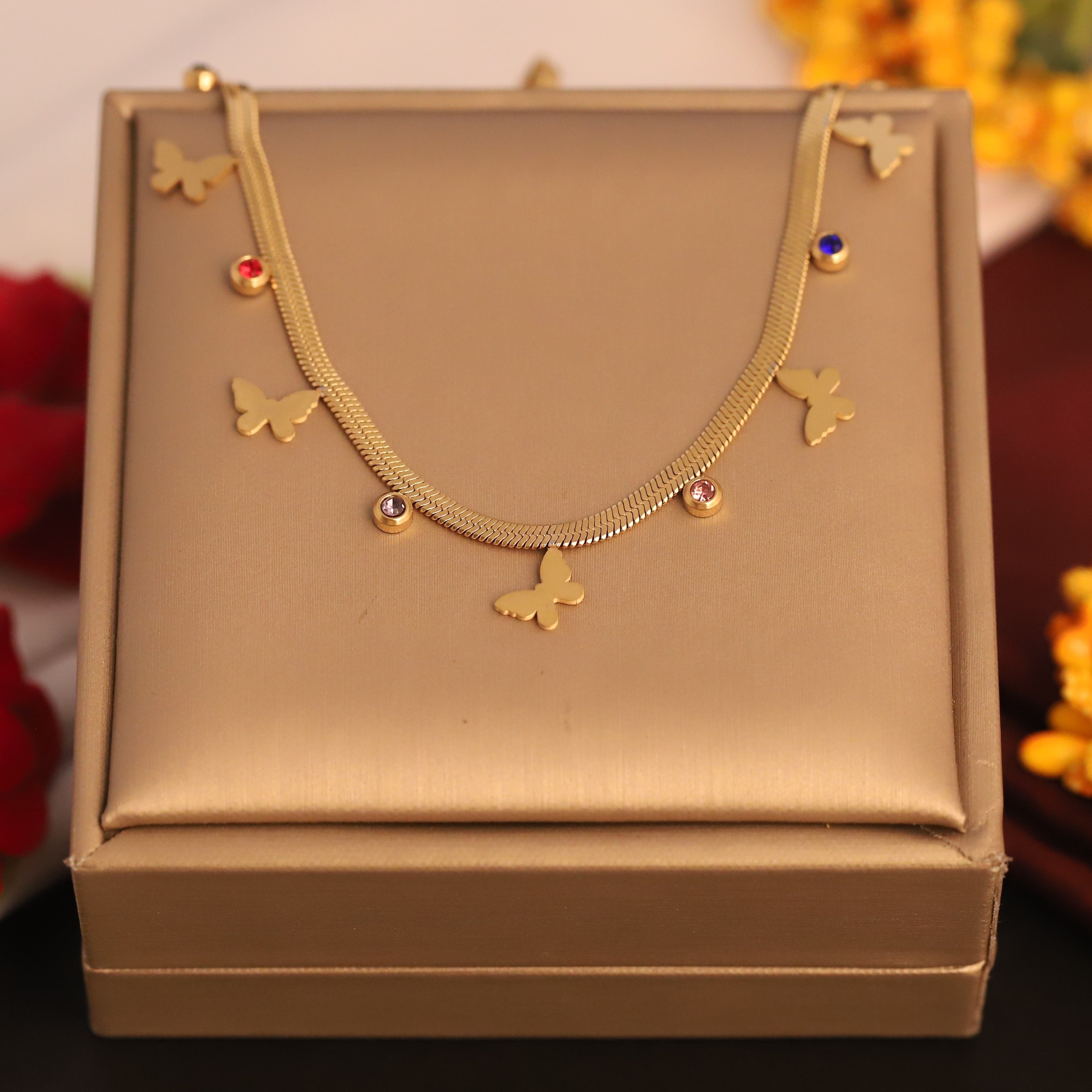 Butterfly Charms White Stones Chain Gold Plated – Single Layer, Anti-Tarnish, Waterproof, Minimalist Style (GOLD)