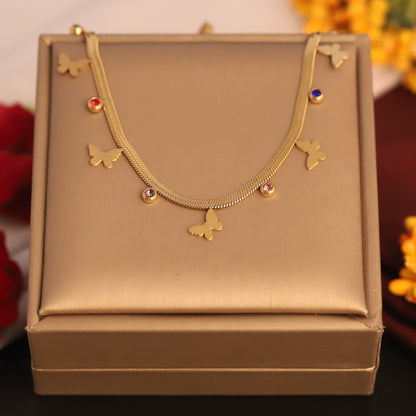 Butterfly Charms White Stones Chain Gold Plated – Single Layer, Anti-Tarnish, Waterproof, Minimalist Style (GOLD)