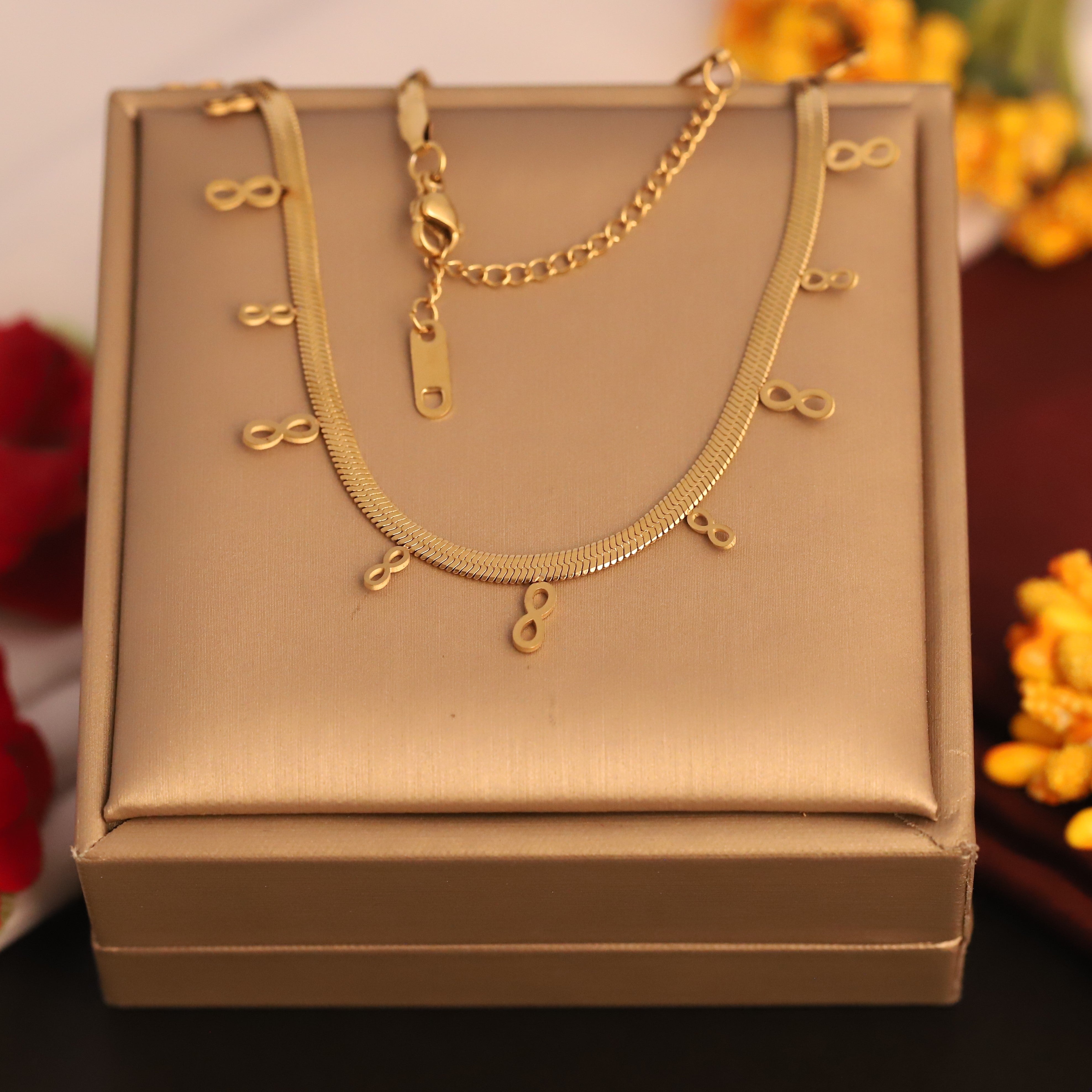 Infinity Charms White Stones Chain Gold Plated – Single Layer, Anti-Tarnish, Waterproof, Minimalist Style (GOLD)