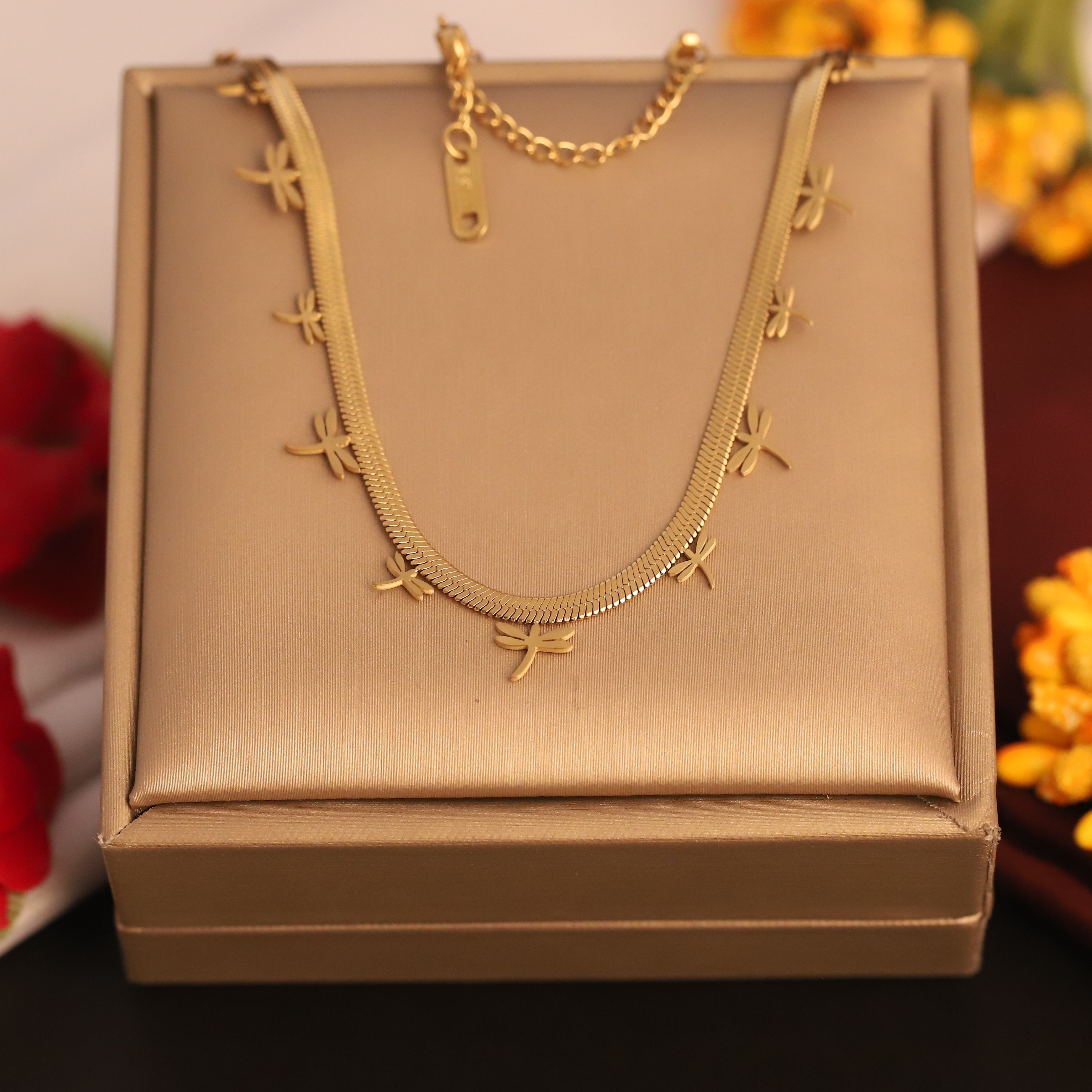 Dragonfly Charms White Stones Chain Gold Plated – Single Layer, Anti-Tarnish, Waterproof, Minimalist Style (GOLD)