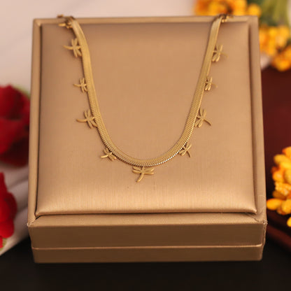Dragonfly Charms White Stones Chain Gold Plated – Single Layer, Anti-Tarnish, Waterproof, Minimalist Style (GOLD)