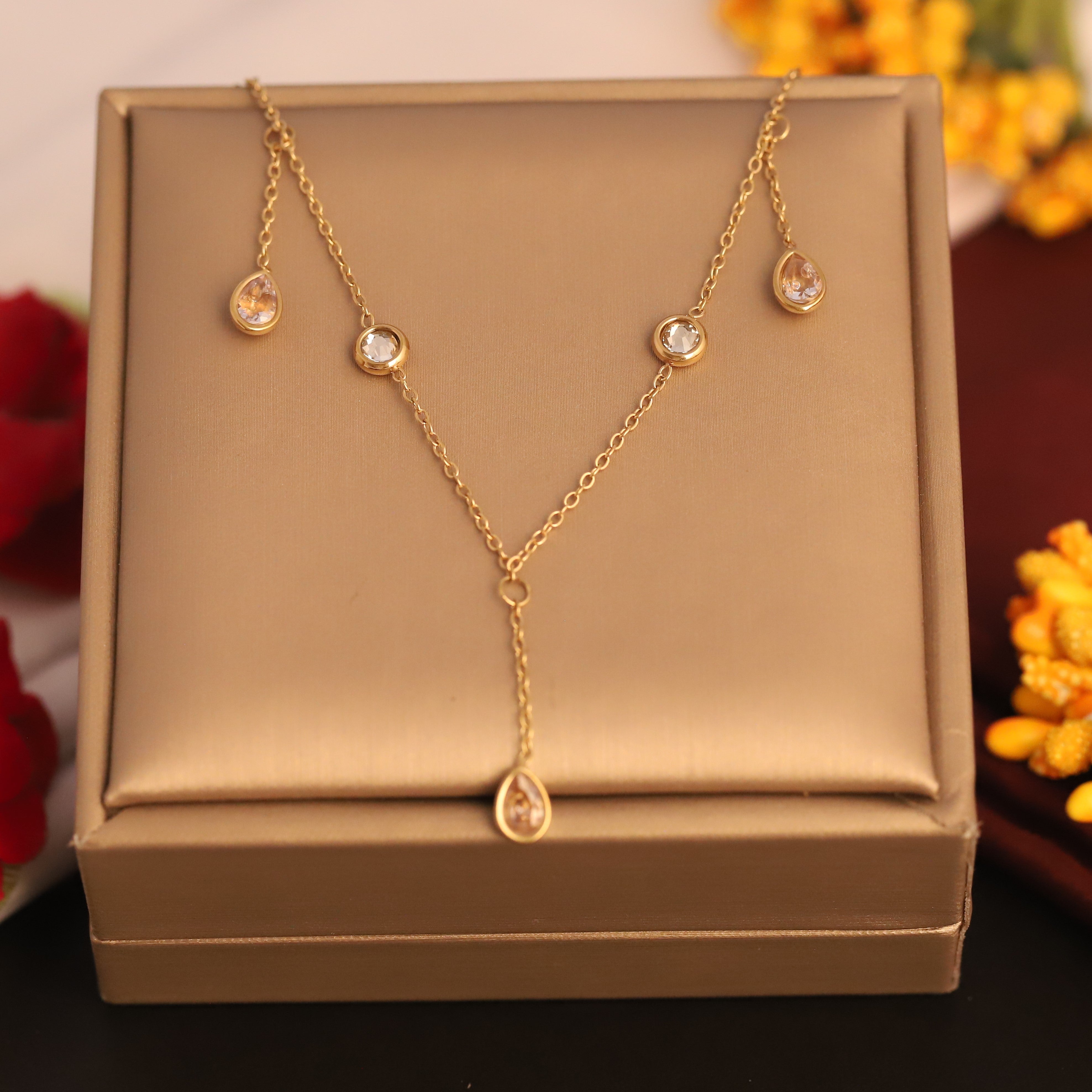 Trendy white Stones Chain Gold Plated – Single Layer, Anti-Tarnish, Waterproof, Minimalist Style (GOLD)