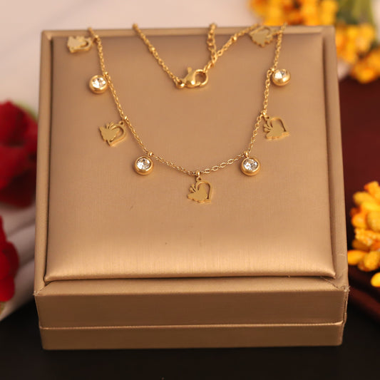 Butterfly Charms White Stones Chain Gold Plated – Single Layer, Anti-Tarnish, Waterproof, Minimalist Style (GOLD)