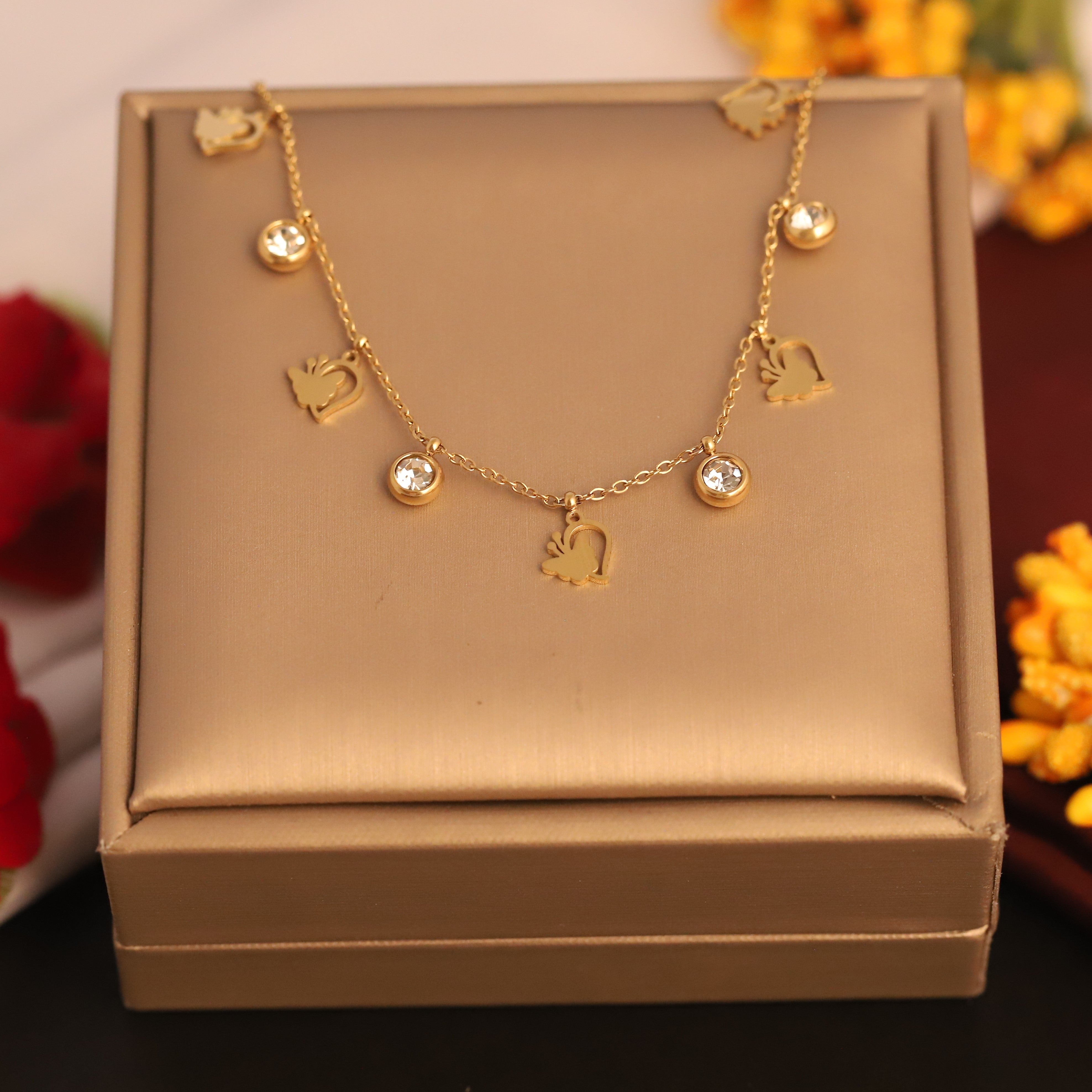 Butterfly Charms White Stones Chain Gold Plated – Single Layer, Anti-Tarnish, Waterproof, Minimalist Style (GOLD)