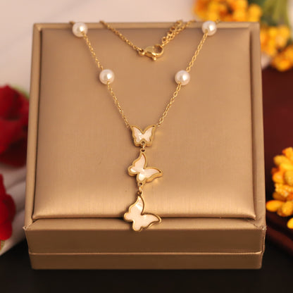 Butterfly Pearl Charm Chain Gold Plated – Single Layer, Anti-Tarnish, Waterproof, Minimalist Style (GOLD)